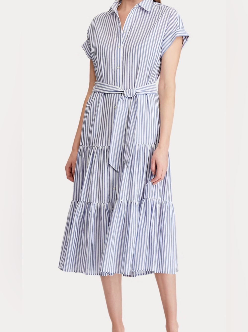 NEW LAUREN RALPH LAUREN Blue / White Striped Tiered Cotton Shirt Dress 4